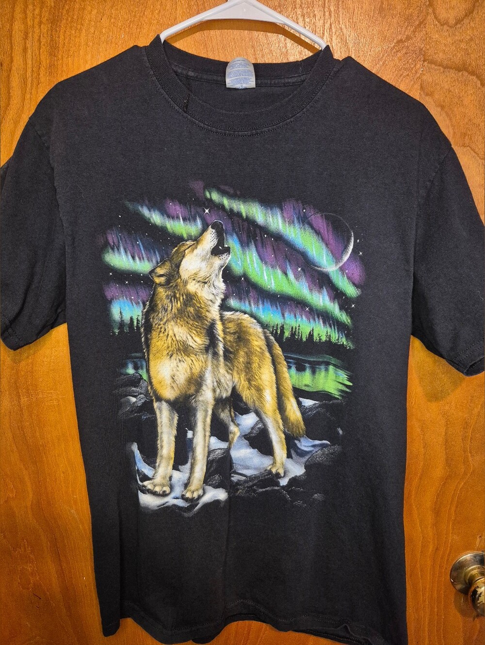 Black Wolf Graphic Tee with Aurora Design